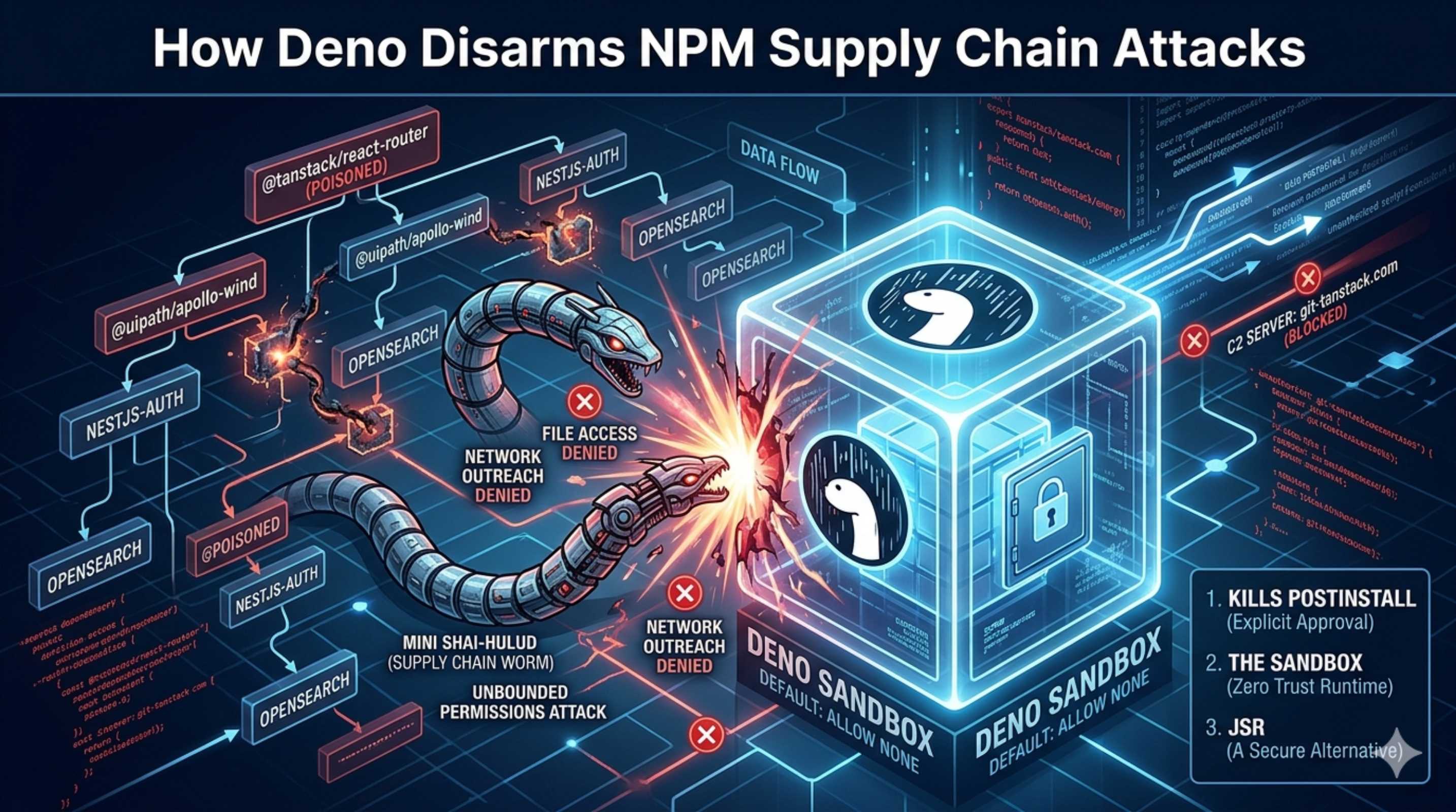 Cover Image for How Deno Disarms NPM Supply Chain Attacks